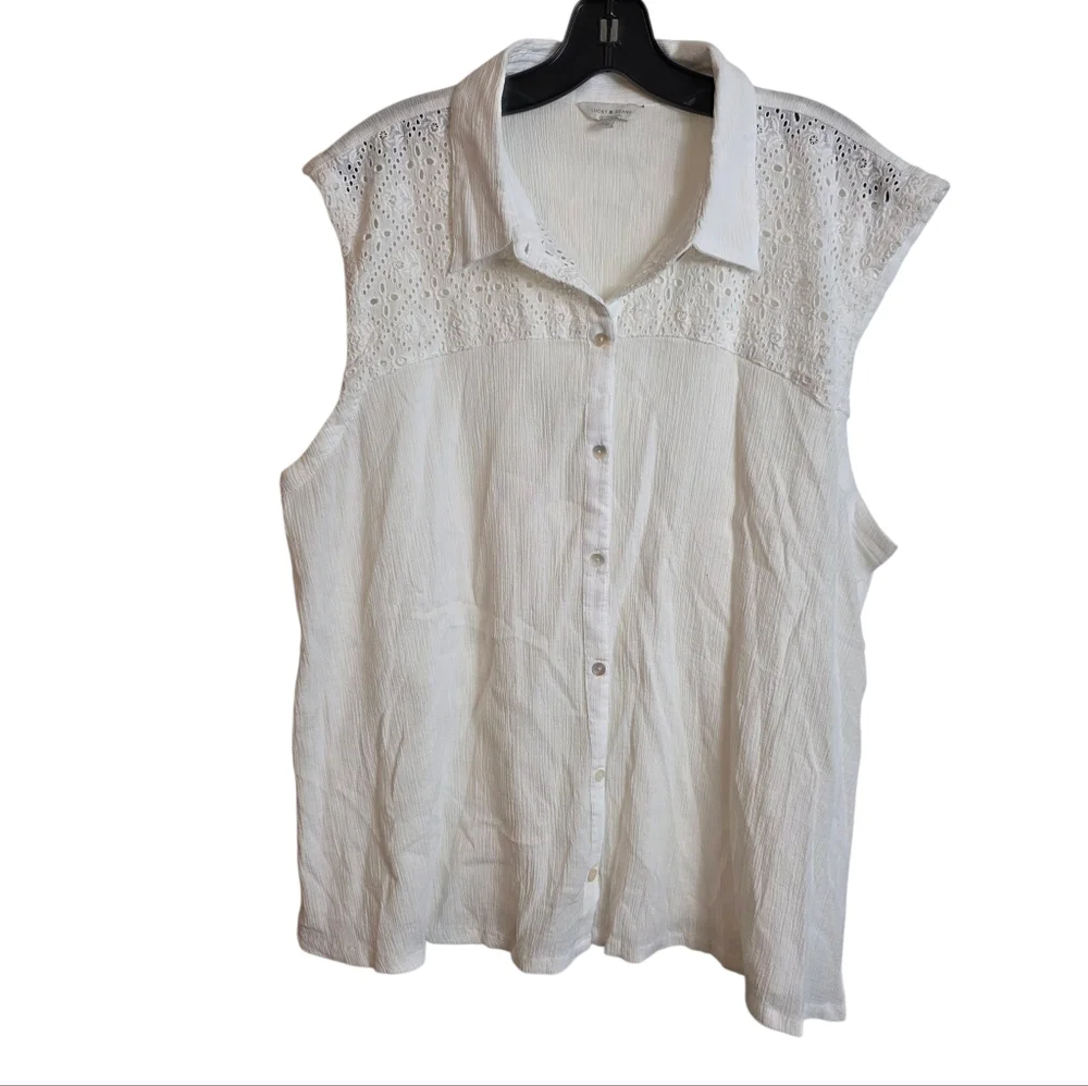 Lucky Brand Top Gauzy Eyelet Cutout Semi Sheer Button Down XLarge Shirt Boho - Picture 2 of 15